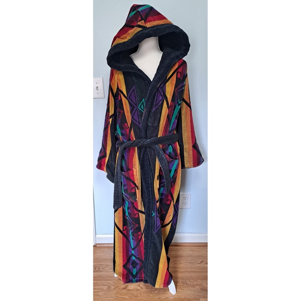 Vintage Stafford Men's Terry Cloth Hooded Robe Tie Belt Long Aztec Thick READ